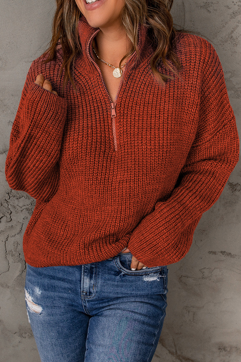Red Zipped Turtleneck Drop Shoulder Knit Sweater