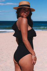 Black Ruffle Tiered One Shoulder One Piece Swimsuit