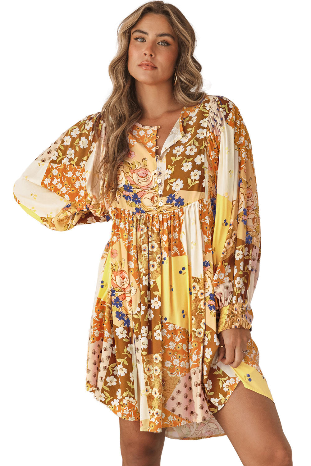 Yellow Floral Buttoned Pleated Long Sleeve Babydoll Dress