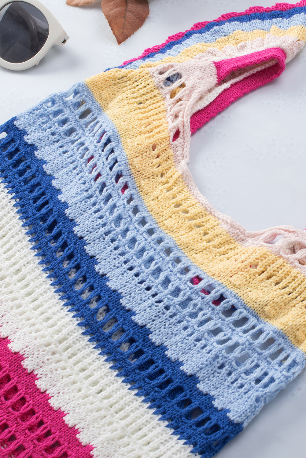 Multicolor Stripe Square Neck Crochet Knit Crop Tank Top