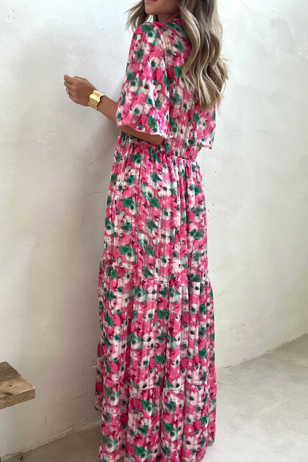 Pink Wide Sleeves Floral Print Maxi Dress