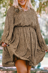 Khaki Plus Size Ruffled Long Sleeve Animal Spotted Print Dress