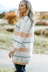 White Striped Knit Side Pockets Plus Size Cardigan