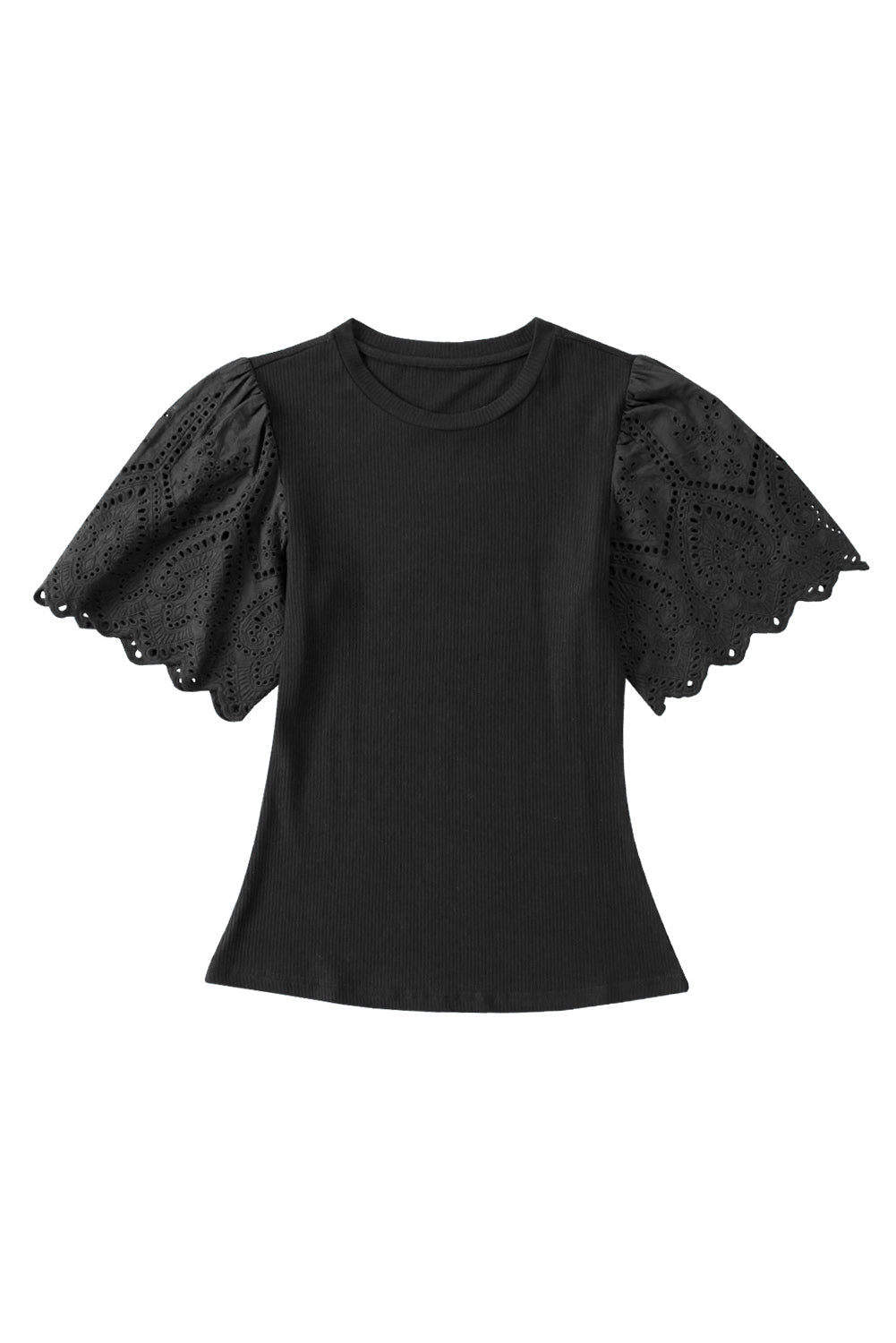 Black Scalloped Eyelet Sleeve Ribbed Knit Top