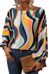 Multicolor Wavy Striped Boat Neck Puff Sleeve Blouse