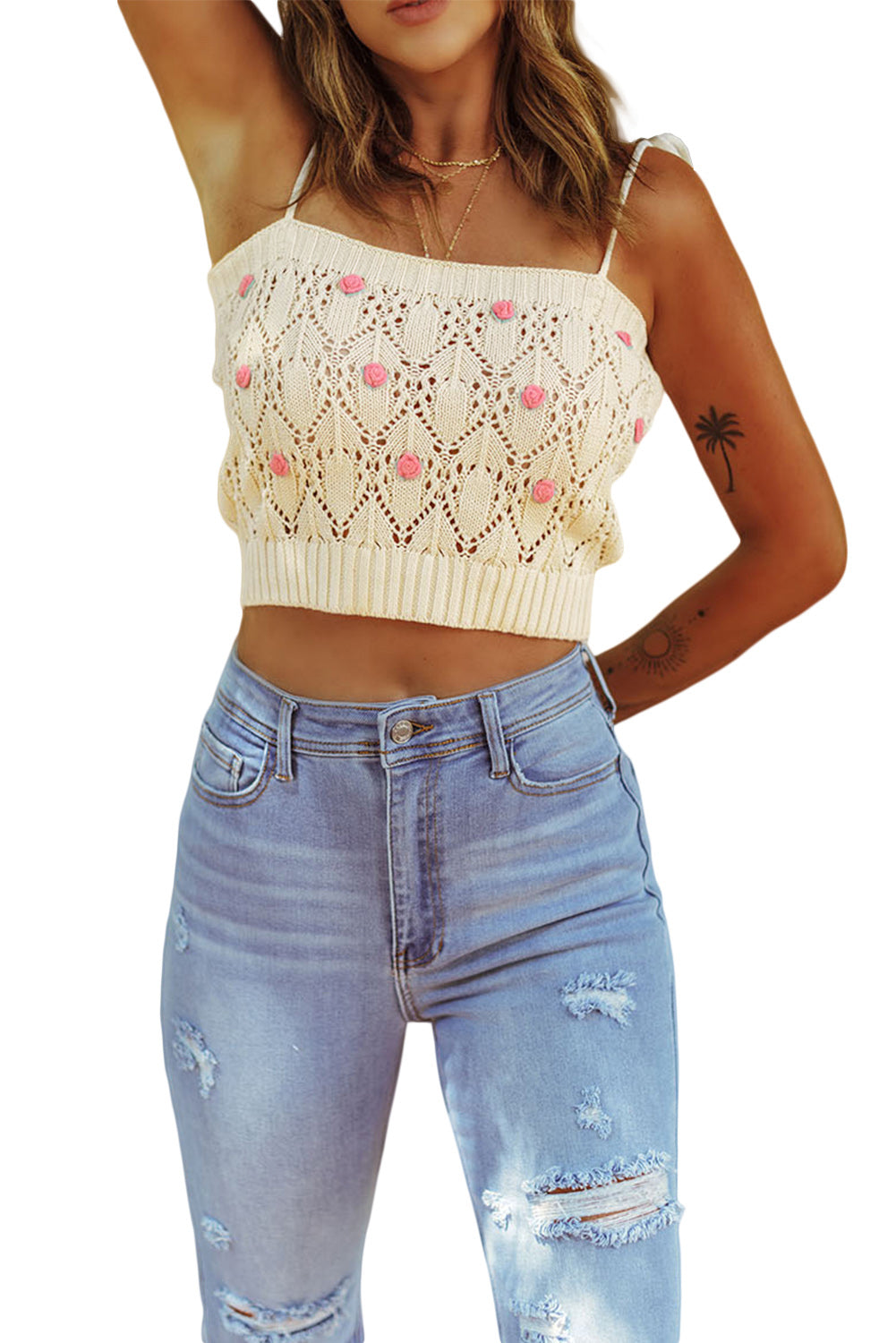 Beige Spaghetti Straps Rose Applique Crochet Knit Crop Top