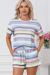 White Striped Print Tee and Shorts Lounge Set