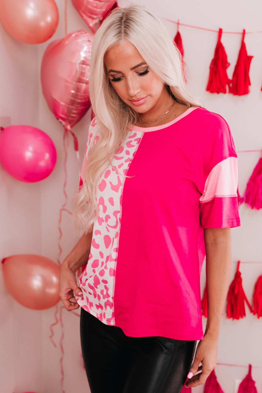 Rose Leopard Colorblock Patchwork Short Sleeve Top