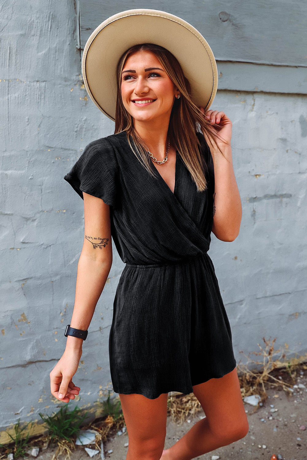 Black V Neck Wrap Short Sleeve Romper