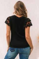 Black Lace Ruffle Sleeve Round Neck T Shirt