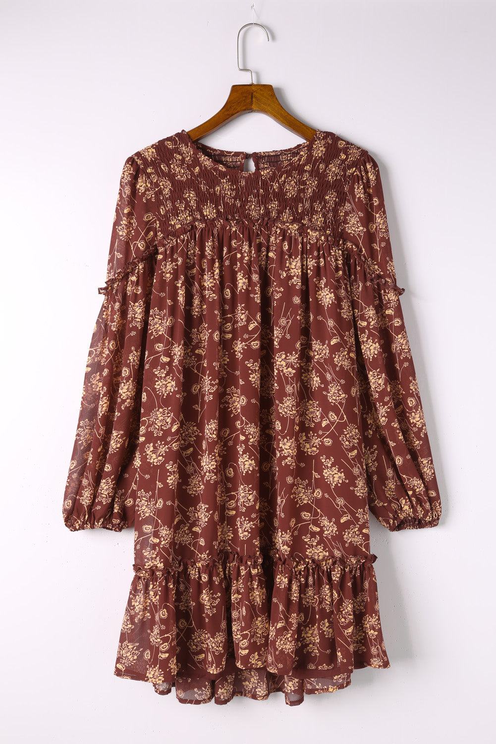 Red Ruffled Puff Sleeve High Low Floral Babydoll Dress