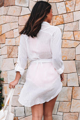 White Striped Shirt Dress Beach Cover up with Belt