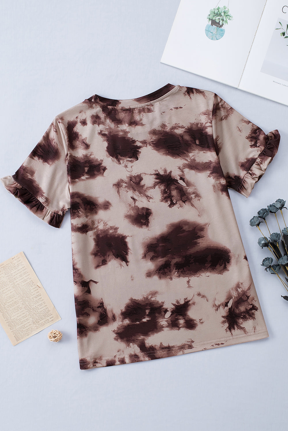 Brown Vintage Tie Dye Ruffled Sleeve T Shirt