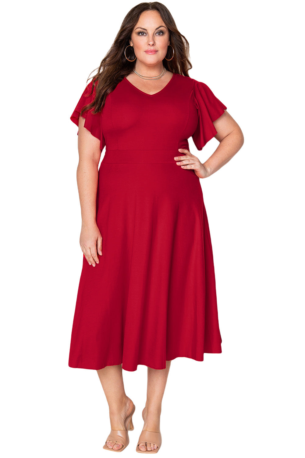 Red Plus Size Short Flutter Sleeve Midi Dress