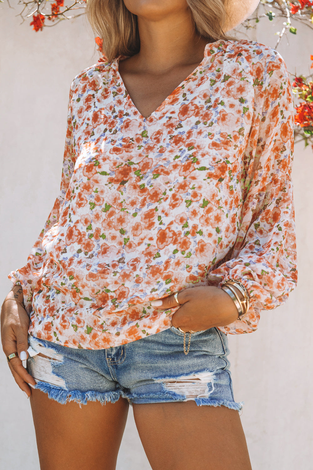 Green Floral Print V Neck Long Puff Sleeve Top