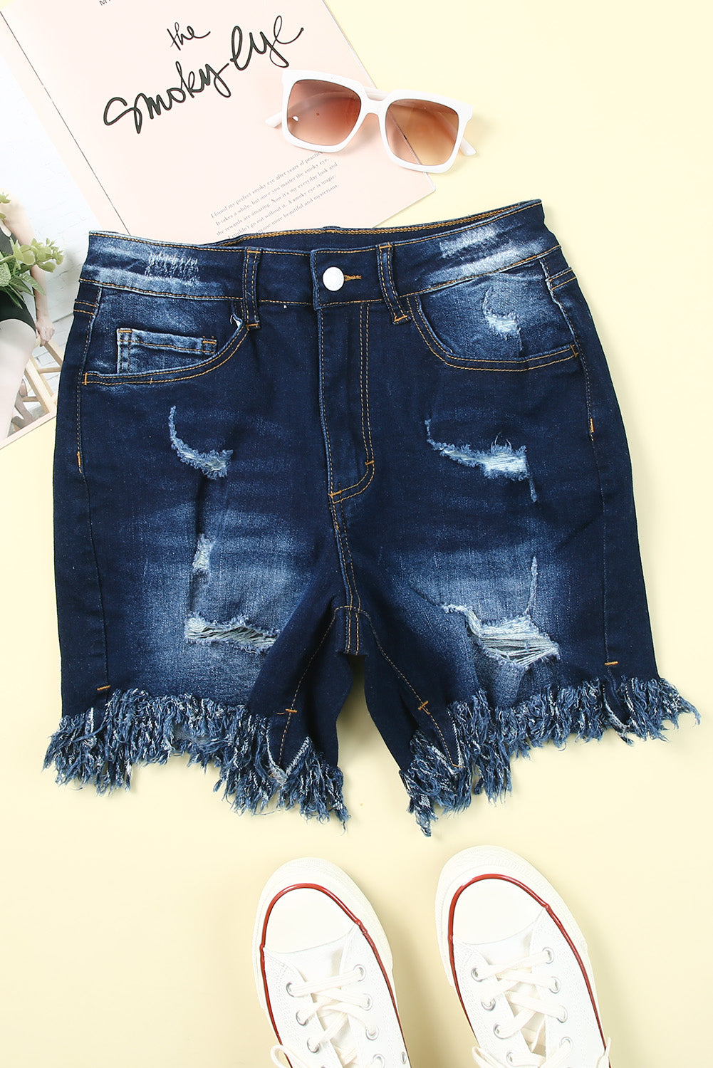 Blue High Waist Distressed Skinny Fit Denim Shorts