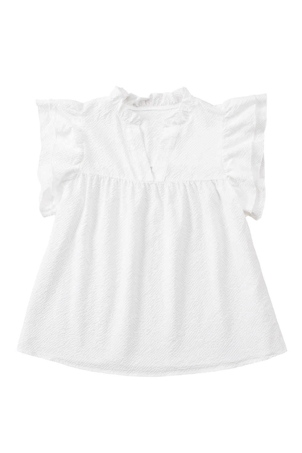 White Ruffle Accent Flutter Sleeve Notch Neck Top