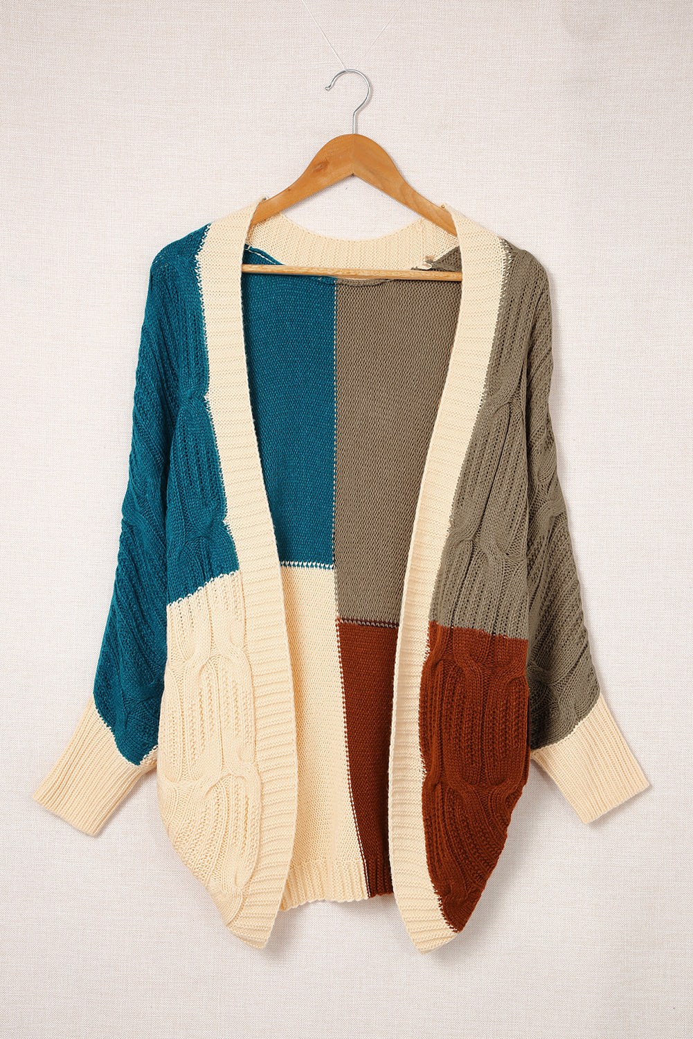Brown Color Block Loose Open Front Knitted Cardigan