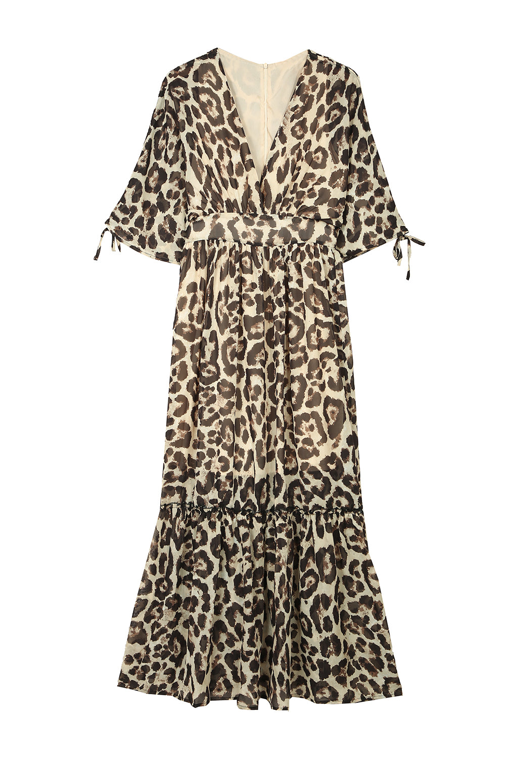 Leopard Print Drawstring V Neck High Waist Long Dress