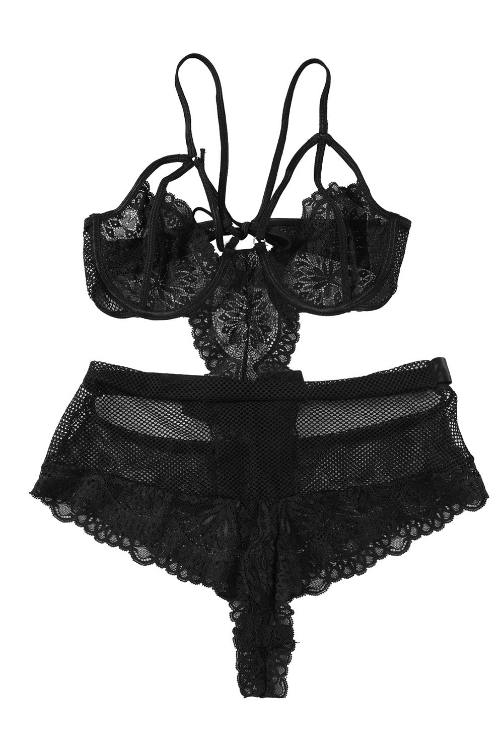 Black Plus Fishnet Lace Hollow-out Teddy Lingerie