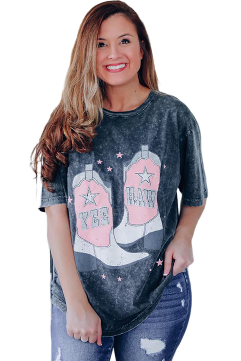 Black YEE HAW Boots Graphic Acid Wash Short Sleeve Top