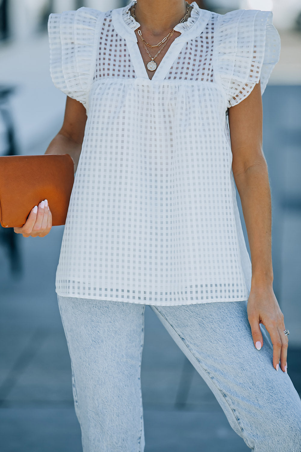 White Grid Pattern Ruffled Shoulder Top