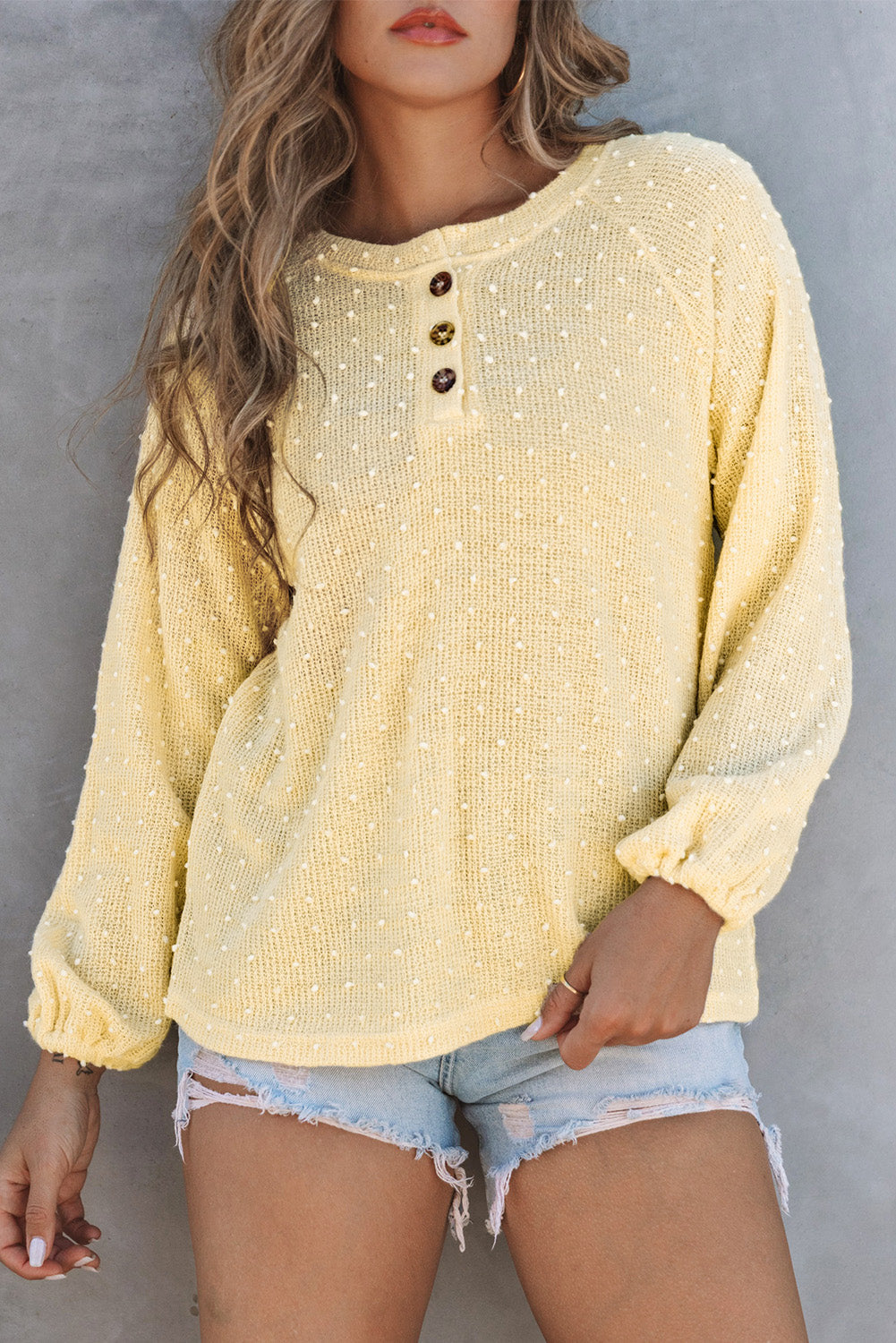 Apricot Swiss Dot Raglan Sleeves Knit Top