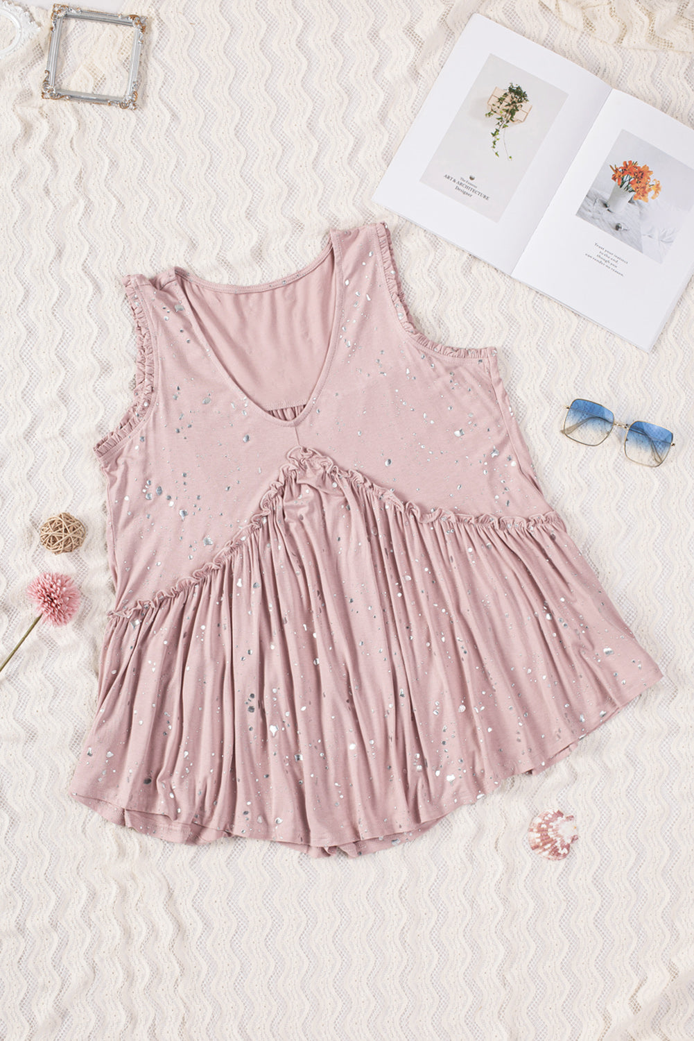 Pink Foil Splatter Drops Ruffled Flowy Tank