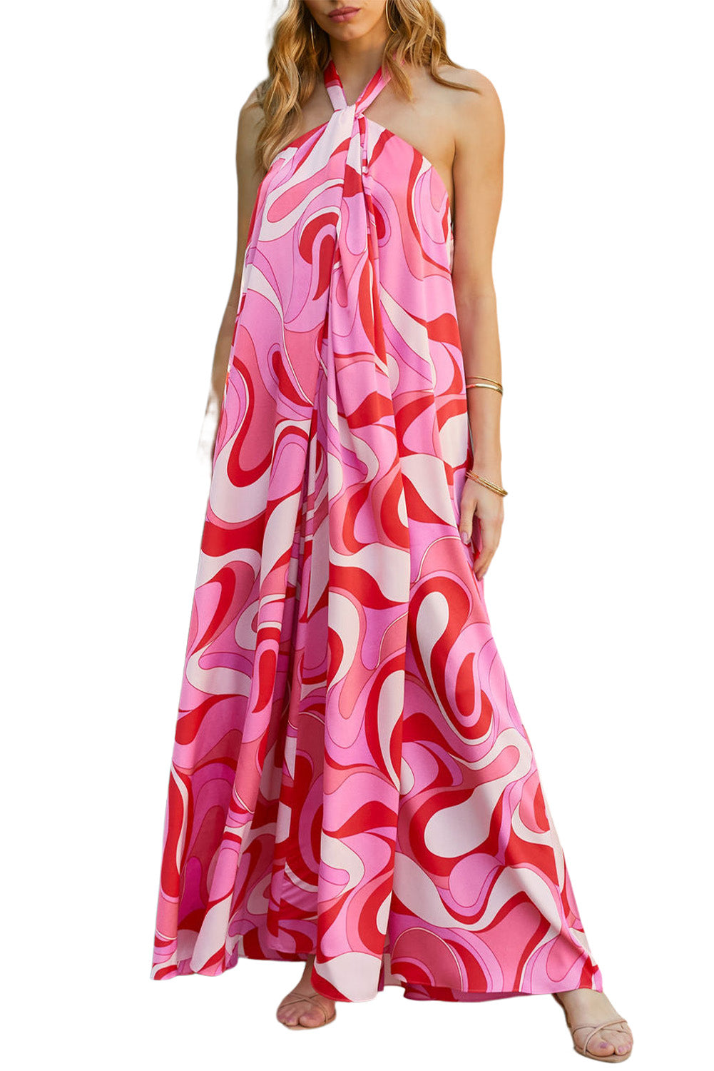 Pink Abstract Swirl Print Halter Maxi Dress