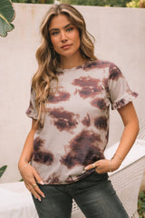 Brown Vintage Tie Dye Ruffled Sleeve T Shirt