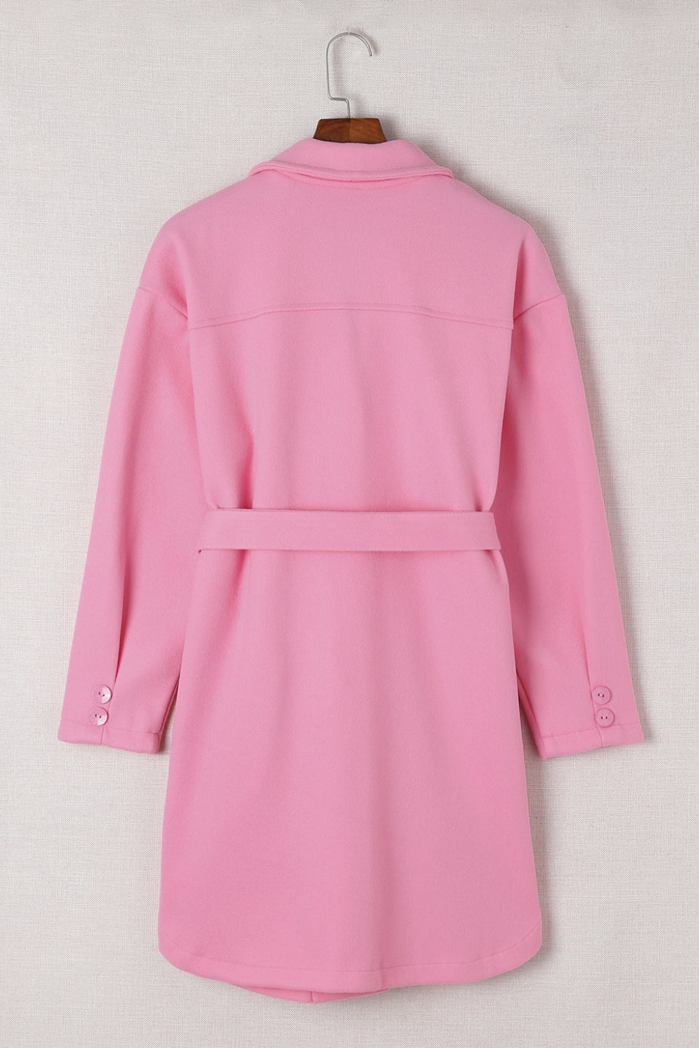 Pink Solid Color Buttoned Coat with Tie