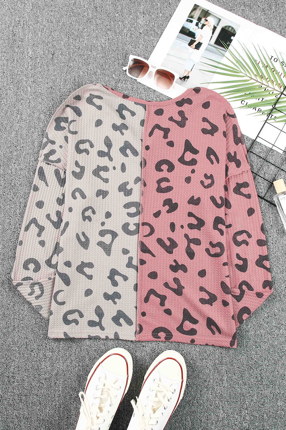 Leopard Colorblock Waffle Knit Henley Top