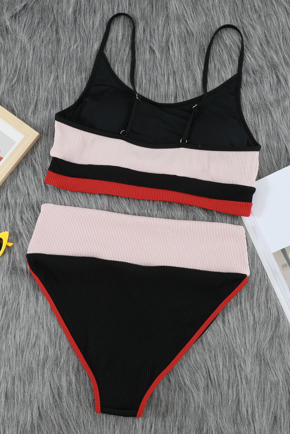 Apricot Spaghetti Straps Colorblock Ribbed High waisted swimsuits