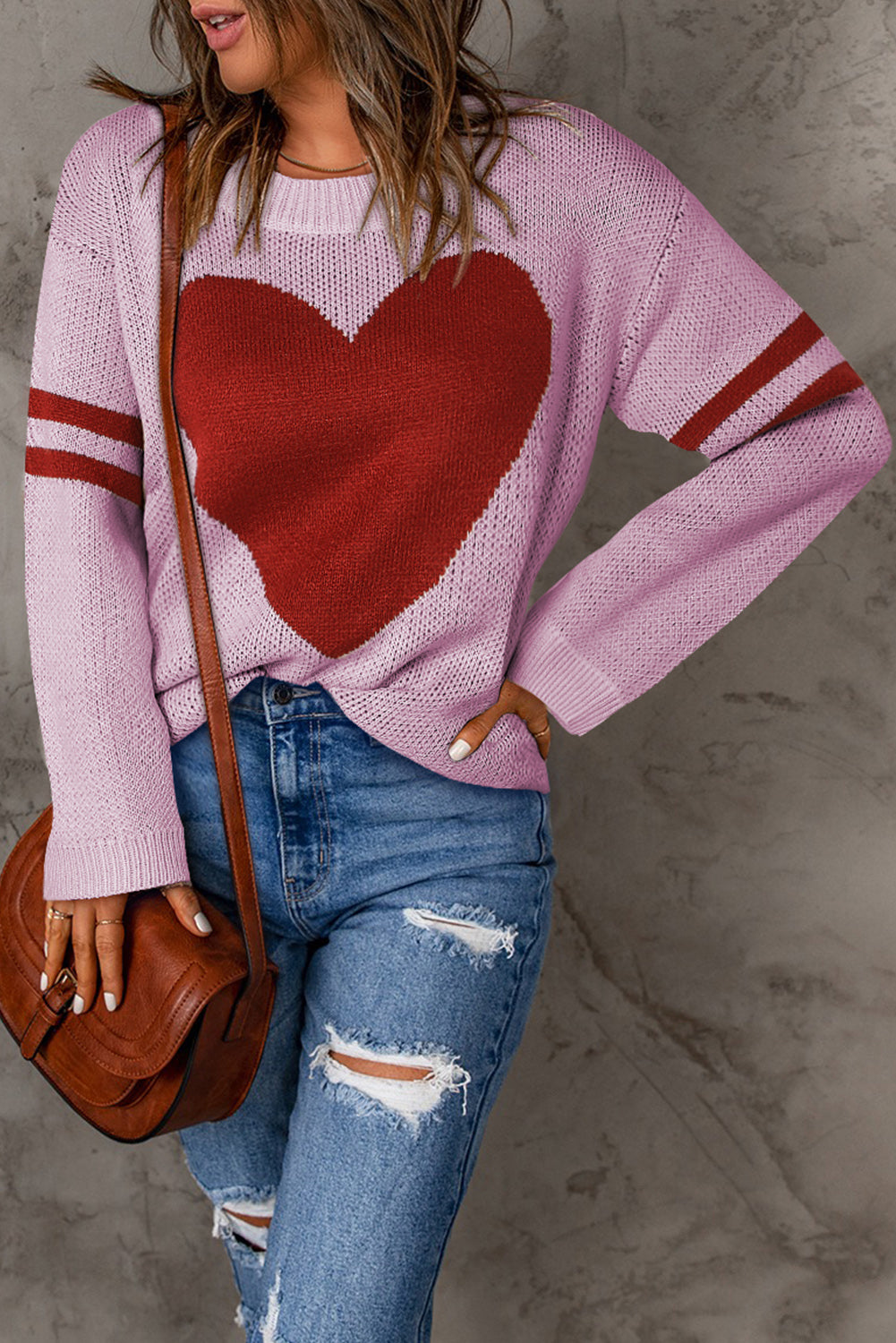 Pink Heart Graphic Wide Sleeves Sweater