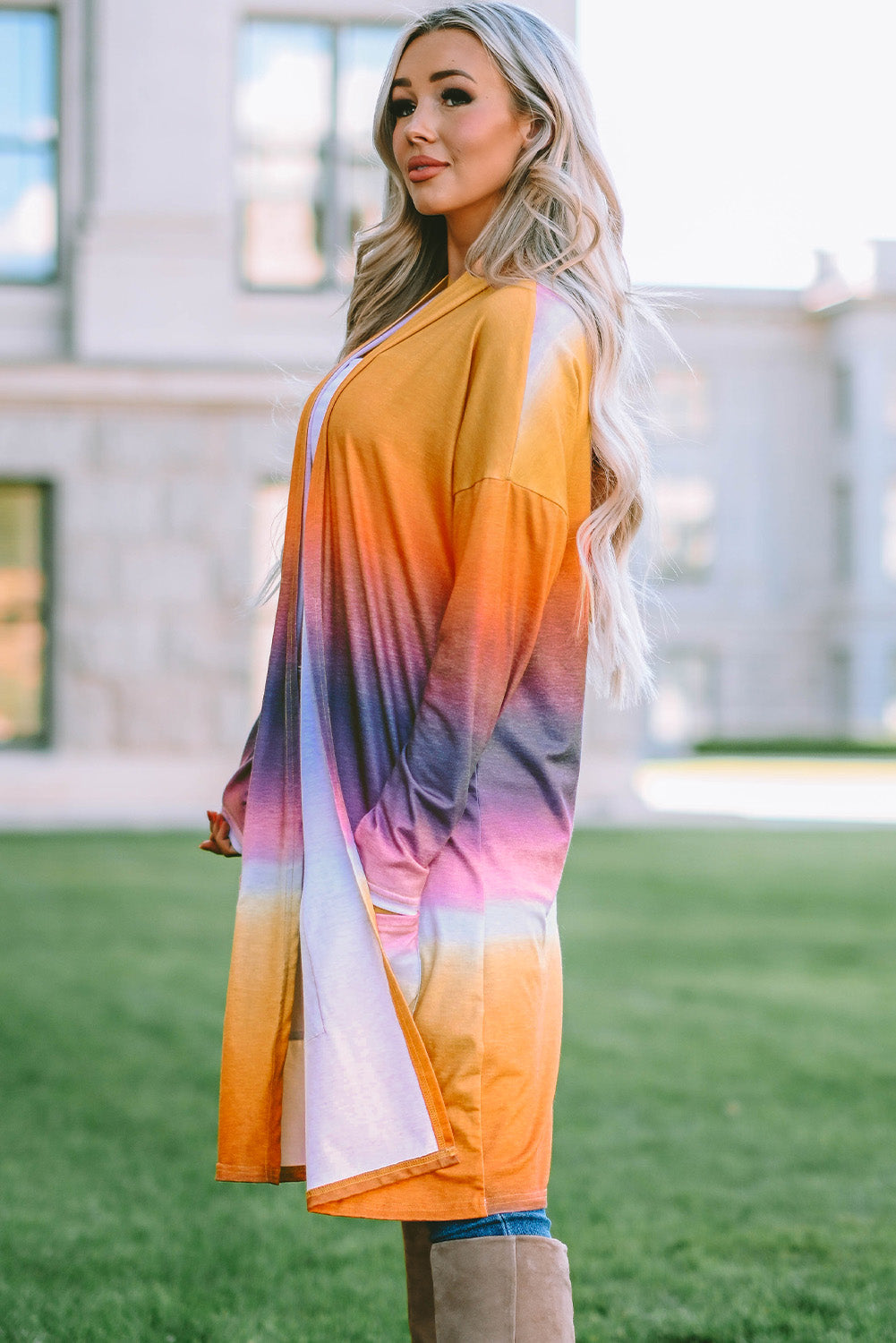 Yellow Gradient Tie-dye Open Front Mid-length Cardigan