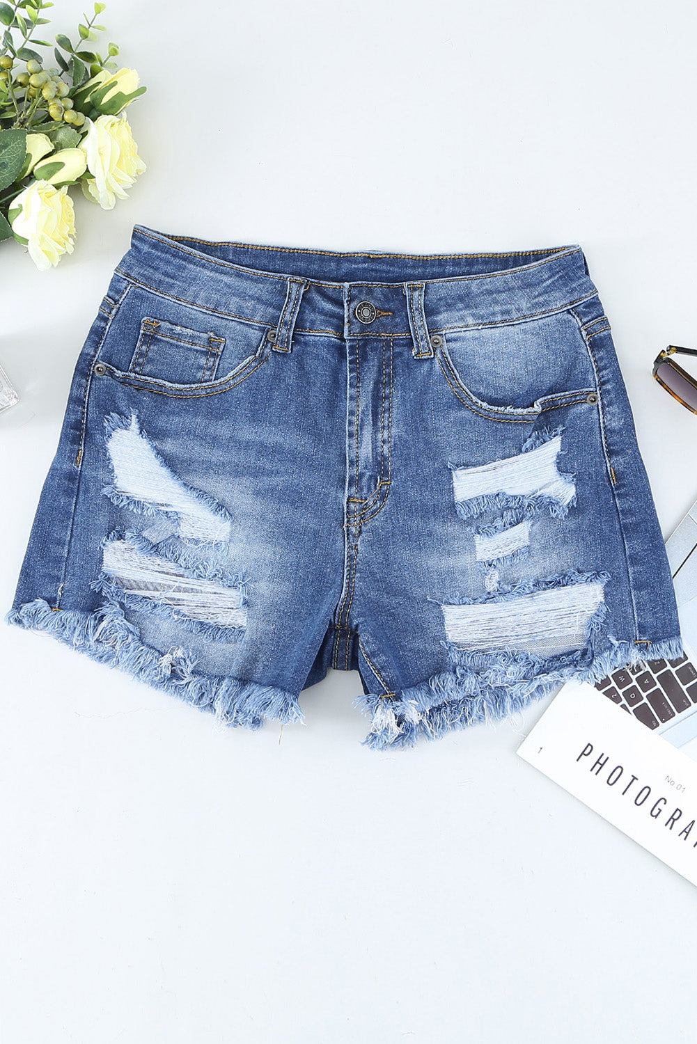 Blue Raw Hem Distressed High Rise Denim Shorts