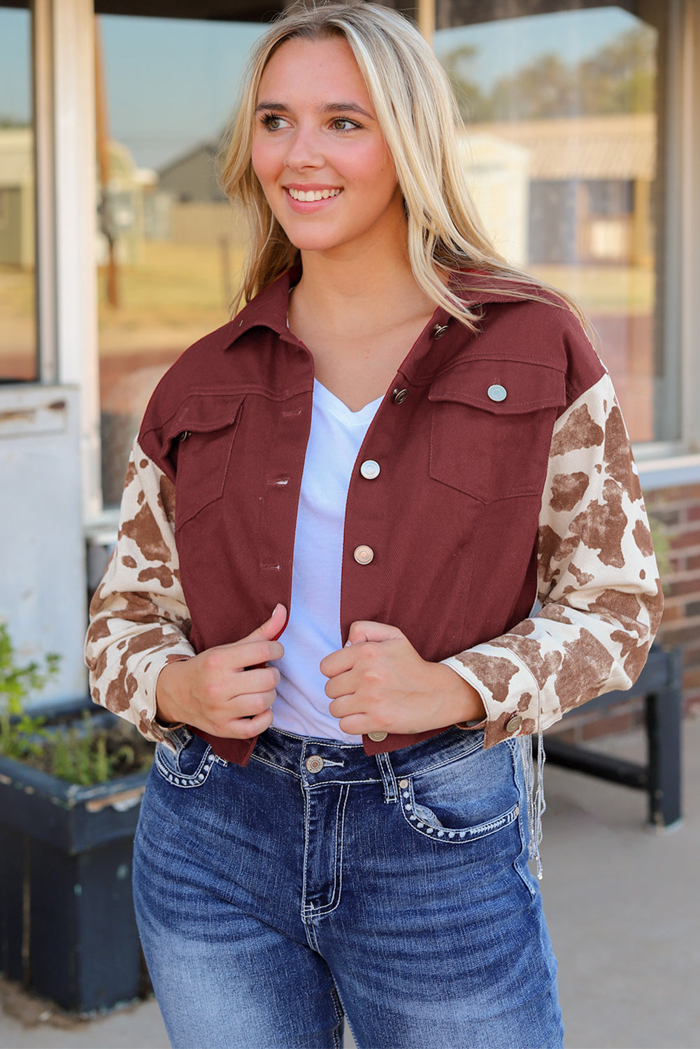 Red Abstract Print Sleeve Back Fringed Cropped Denim Jacket