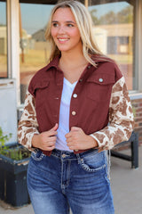 Red Abstract Print Sleeve Back Fringed Cropped Denim Jacket