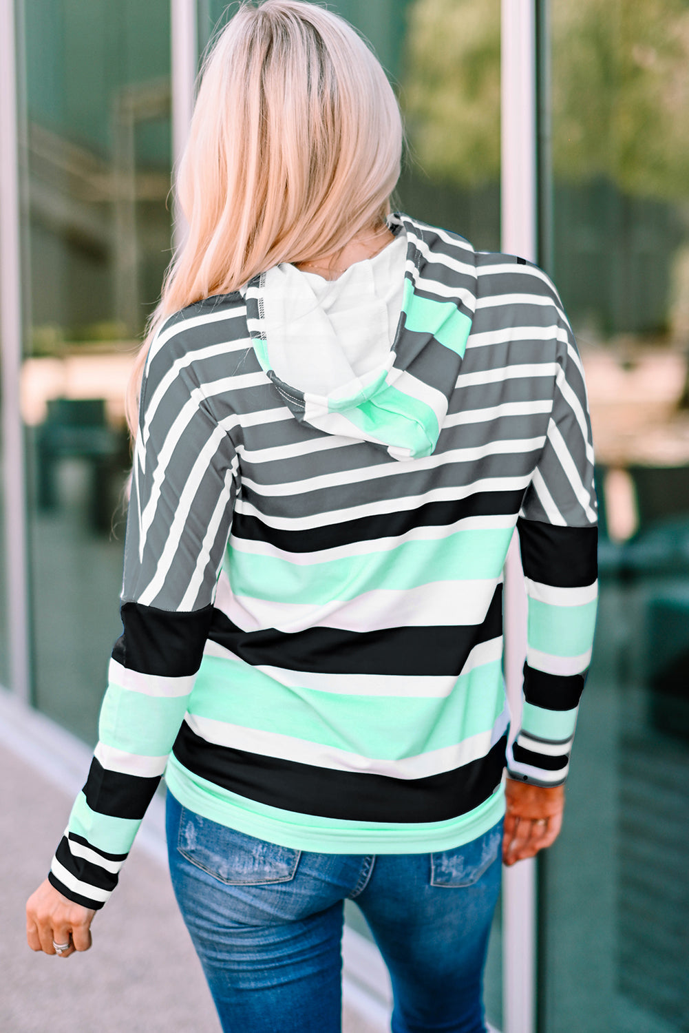 Multi Striped Drawstring Long Sleeve Hoodie