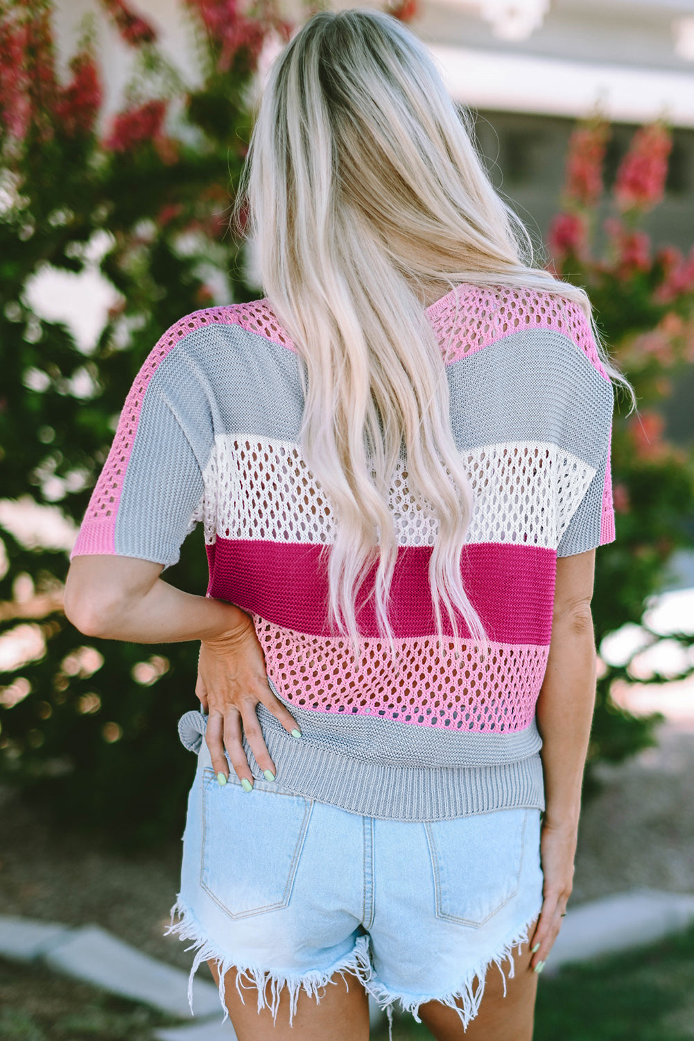 Sky Blue Knitted Eyelet Colorblock Striped Half Sleeves Top