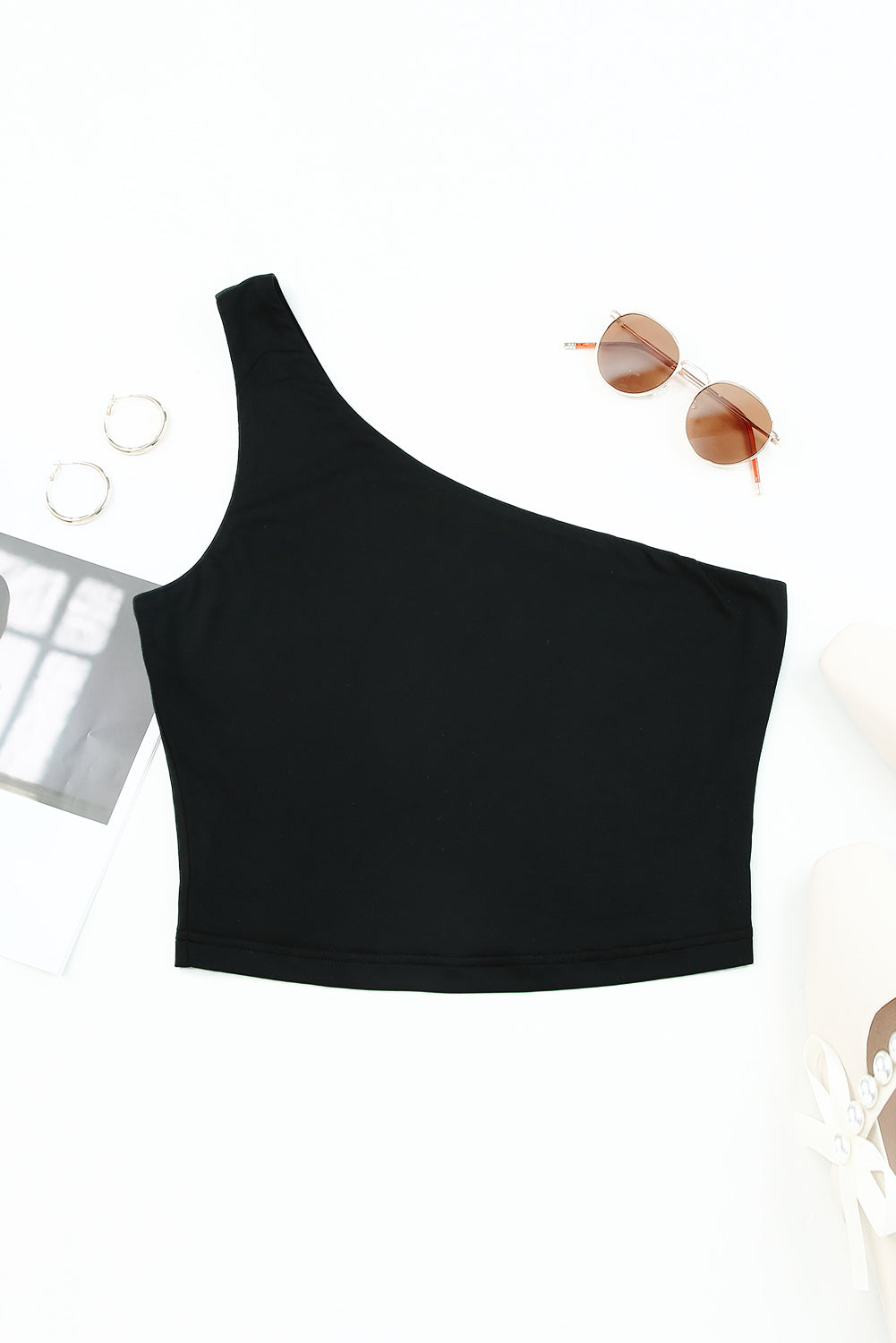 Black One Shoulder Sleeveless Crop Top