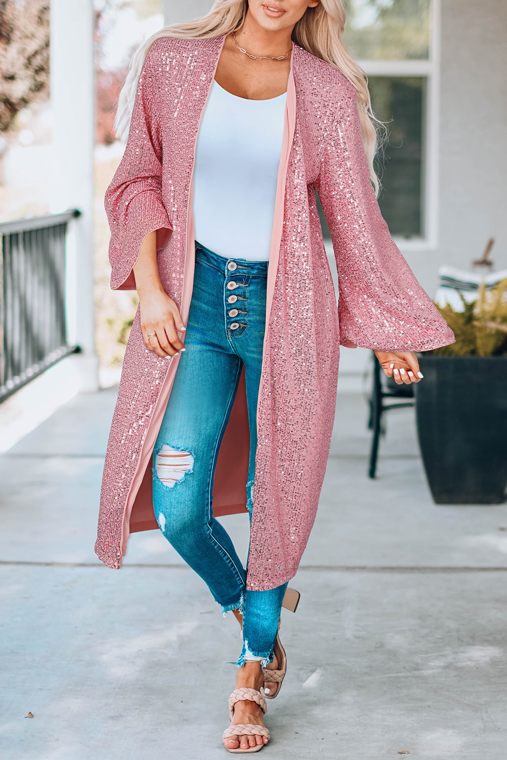 Pink Flare Sleeve Open Front Sequin Kimono