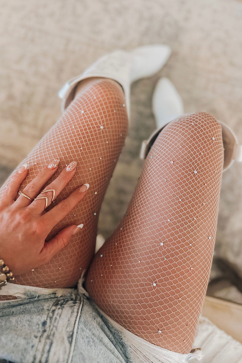 Bright White Sexy Rhinestone Fishnet Pantyhose