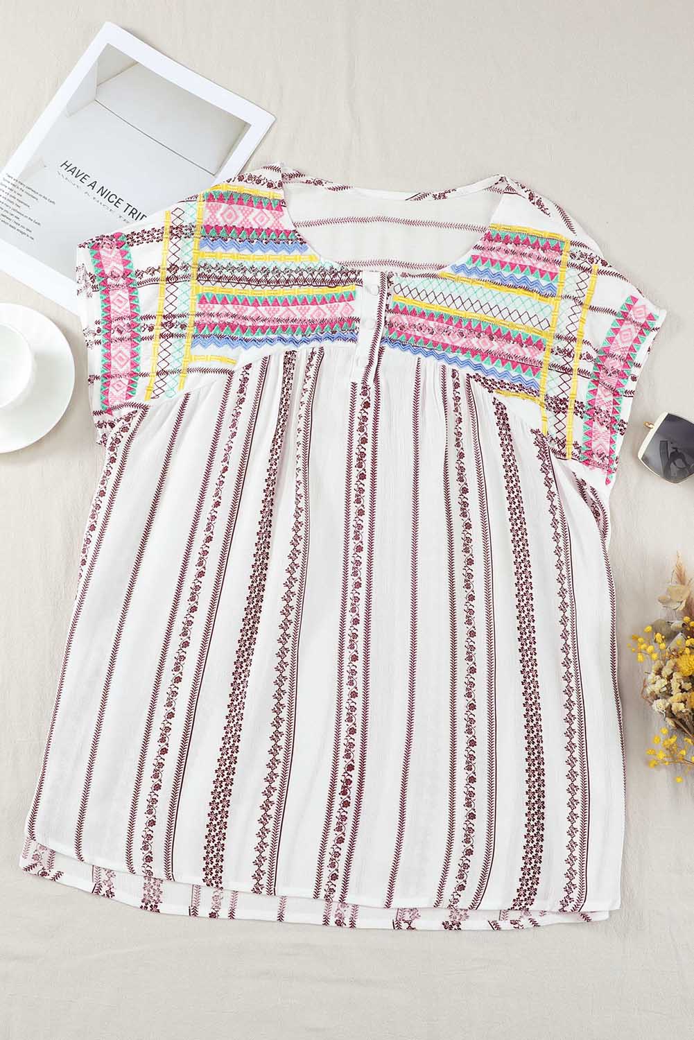 Multicolor Plus Size Boho Floral Striped Print Blouse