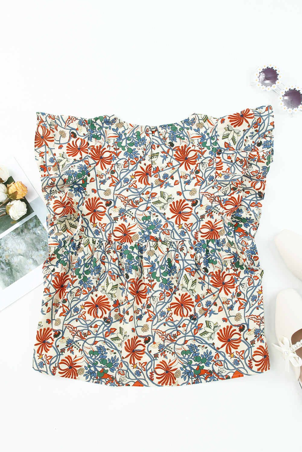Round Neck Ruffled Flutter Sleeve Floral Mini Dress