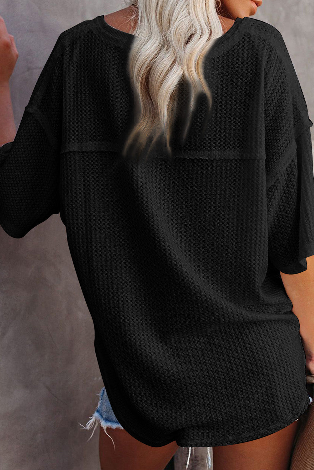 Black Waffle Knit Drop Shoulder Loose Top