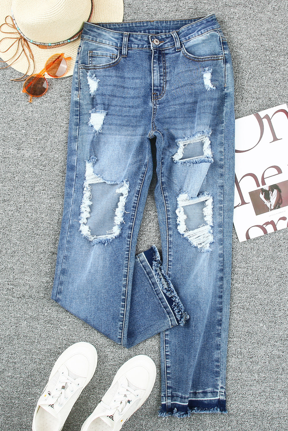 Sky Blue Distressed Holes Hollow-out Boyfriend Jeans