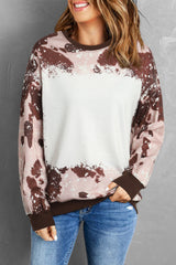Brown Bleached Tie Dye Leopard Print Long Sleeve Top