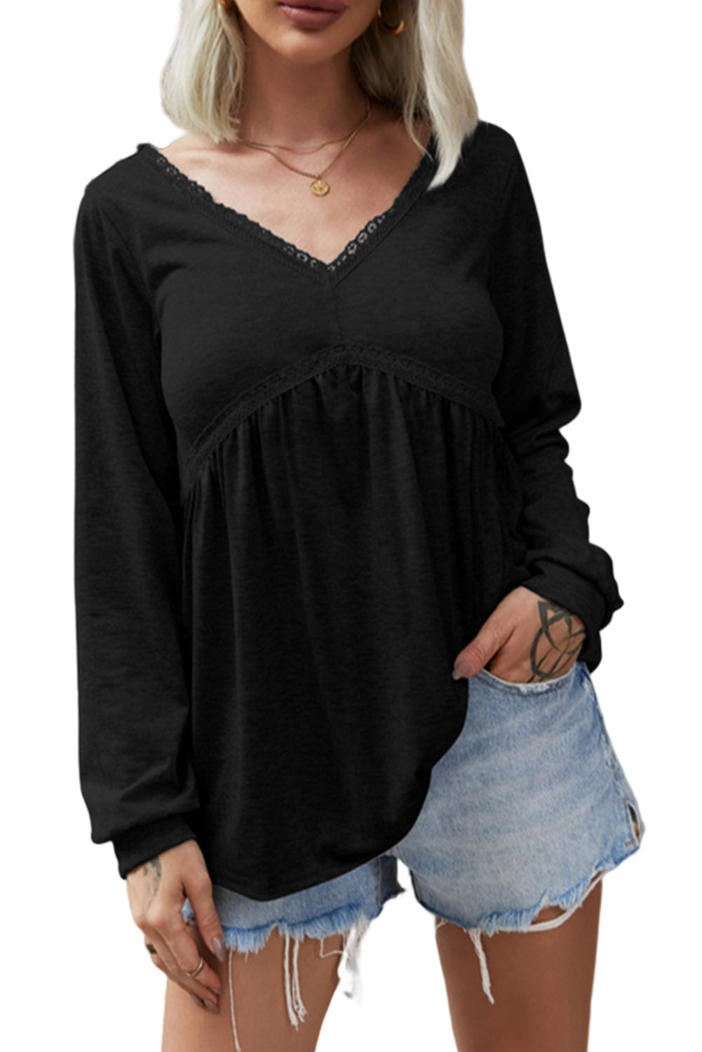 Black Solid Color Lace Trim V Neck Long Sleeve Blouse