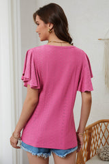 Rose Flutter Sleeve Eyelet Textured Top